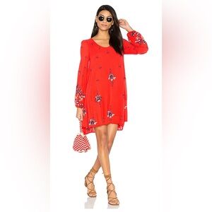 Free People Oxford Embroidered Long-Sleeve Mini Dress in Red Combo Size Small